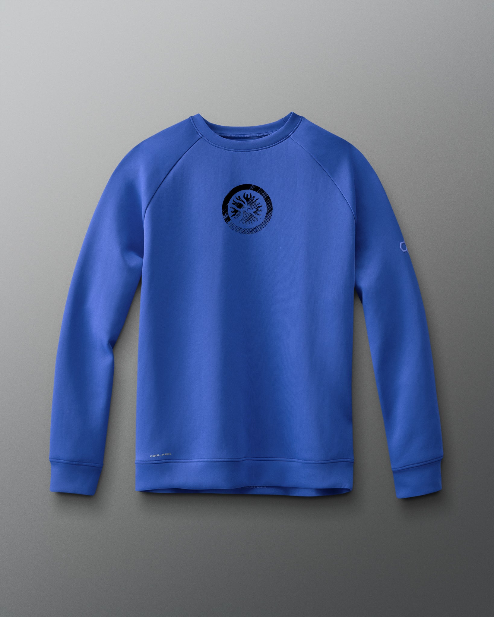 A blue crewneck sweatshirt with a graphic emblem on the chest.