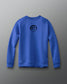 A blue crewneck sweatshirt with a graphic emblem on the chest.