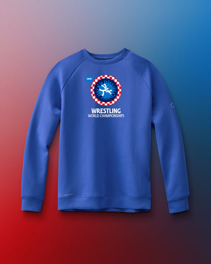 Blue sweatshirt with wrestling world championships logo on a gradient background. United World Wrestling, Zagreb
