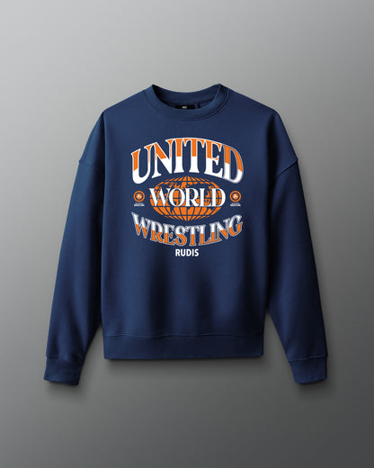 Navy RUDIS UWW Globe Relaxed Comfort Fleece Crewneck shown from the front, featuring a bold orange-and-white “UNITED WORLD WRESTLING” globe graphic across the chest with RUDIS branding below.