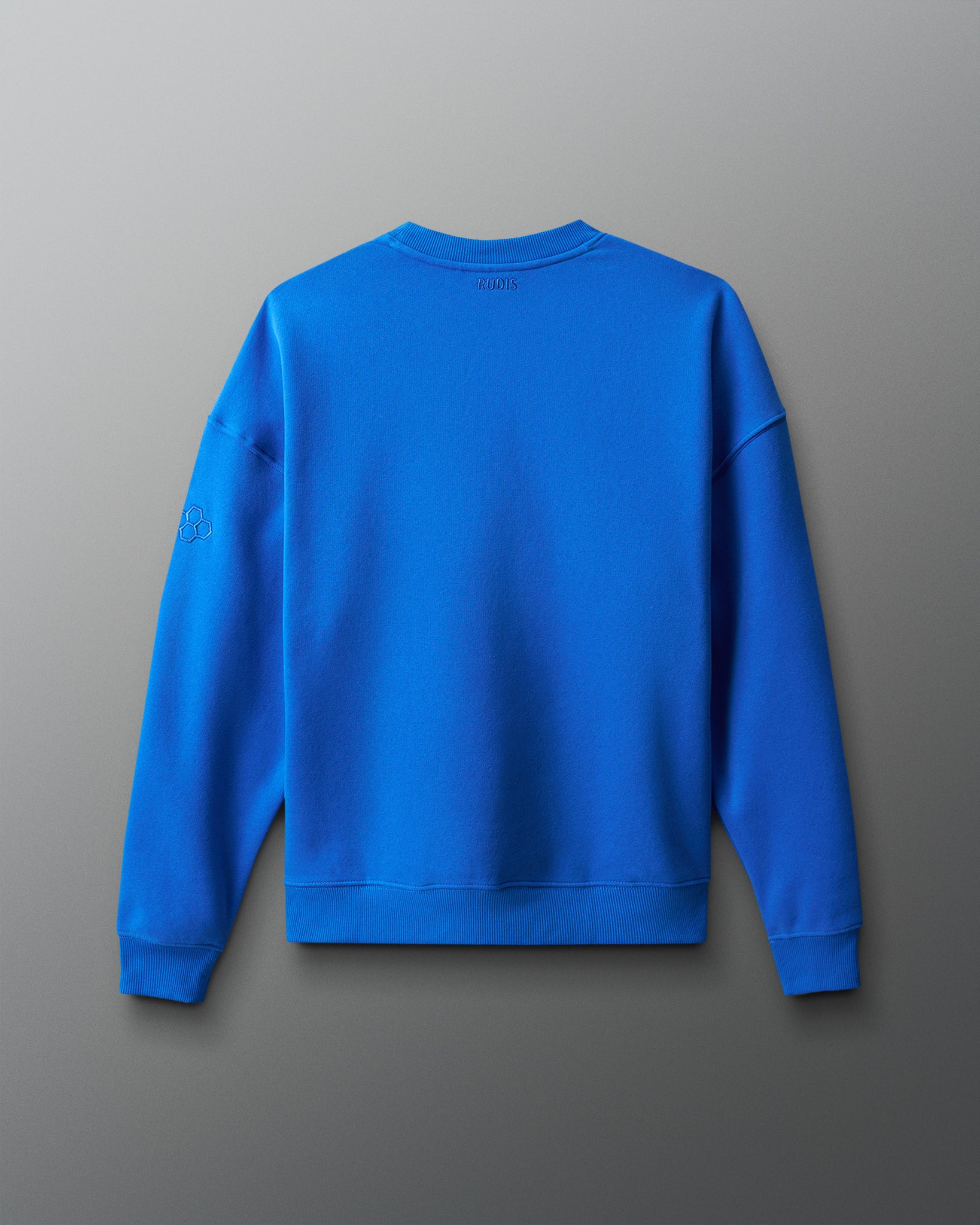Back view of the royal blue RUDIS UWW Globe Relaxed Comfort Fleece Crewneck, featuring subtle tonal RUDIS branding below the back neckline and a tonal RUDIS mark on the sleeve.