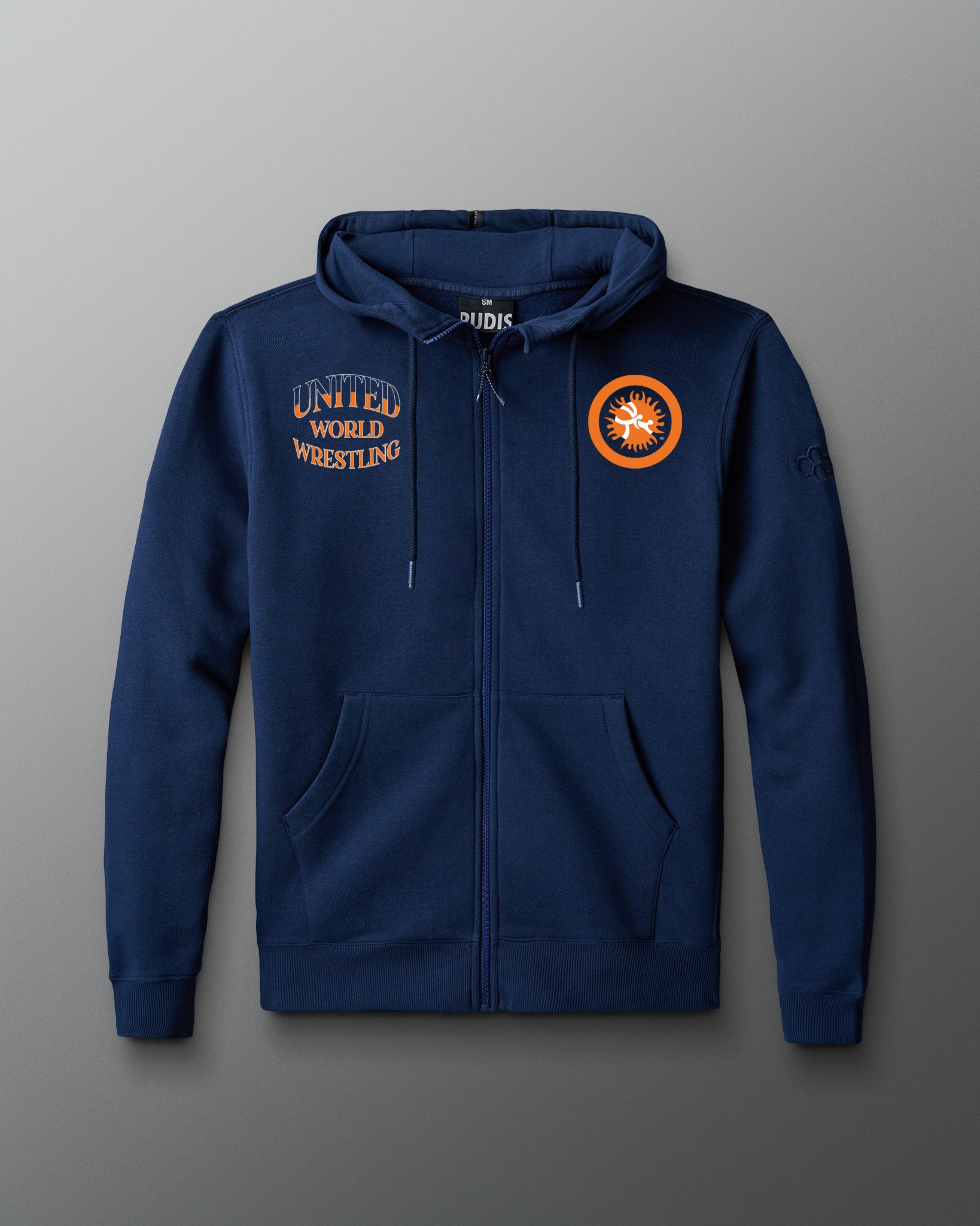 Navy RUDIS UWW Full-Zip Comfort Fleece Hoodie shown from the front, featuring United World Wrestling graphics in orange and white across the chest, a full-length zipper, adjustable drawcord hood, split kangaroo pockets, and a tonal RUDIS mark on the sleeve.