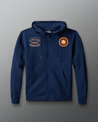 Navy RUDIS UWW Full-Zip Comfort Fleece Hoodie shown from the front, featuring United World Wrestling graphics in orange and white across the chest, a full-length zipper, adjustable drawcord hood, split kangaroo pockets, and a tonal RUDIS mark on the sleeve.