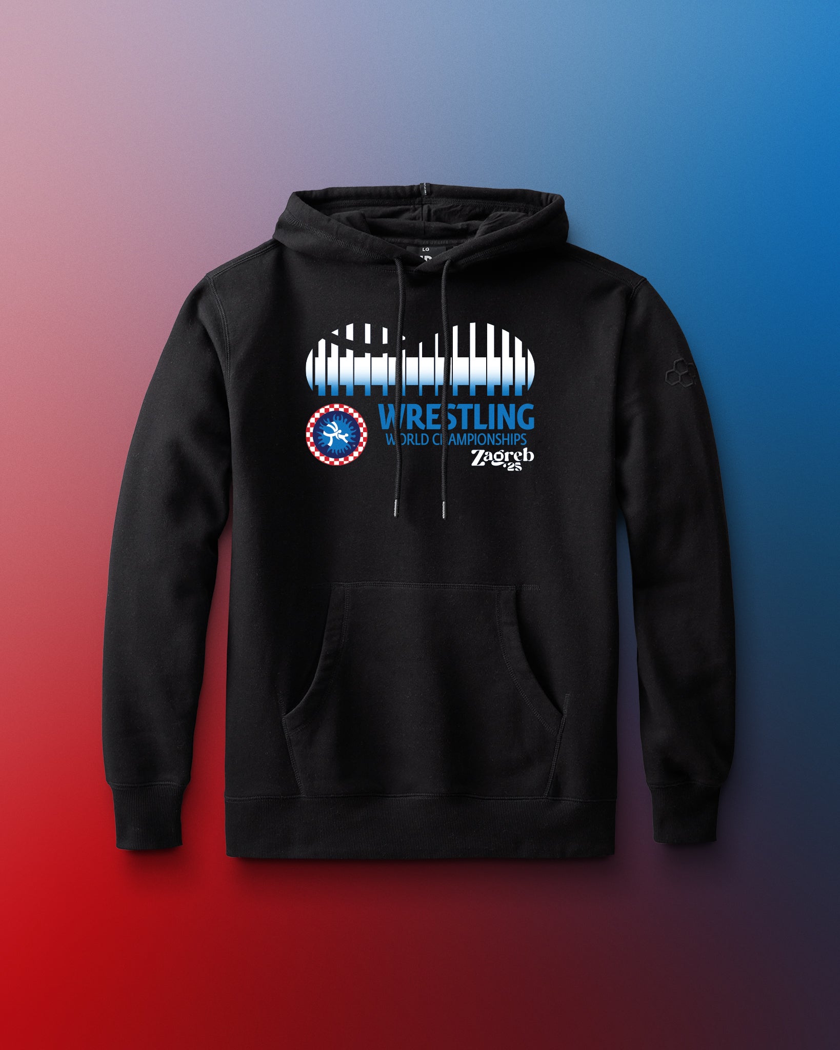 Black hoodie with wrestling graphic on a gradient background. 'Wrestling World Championships"