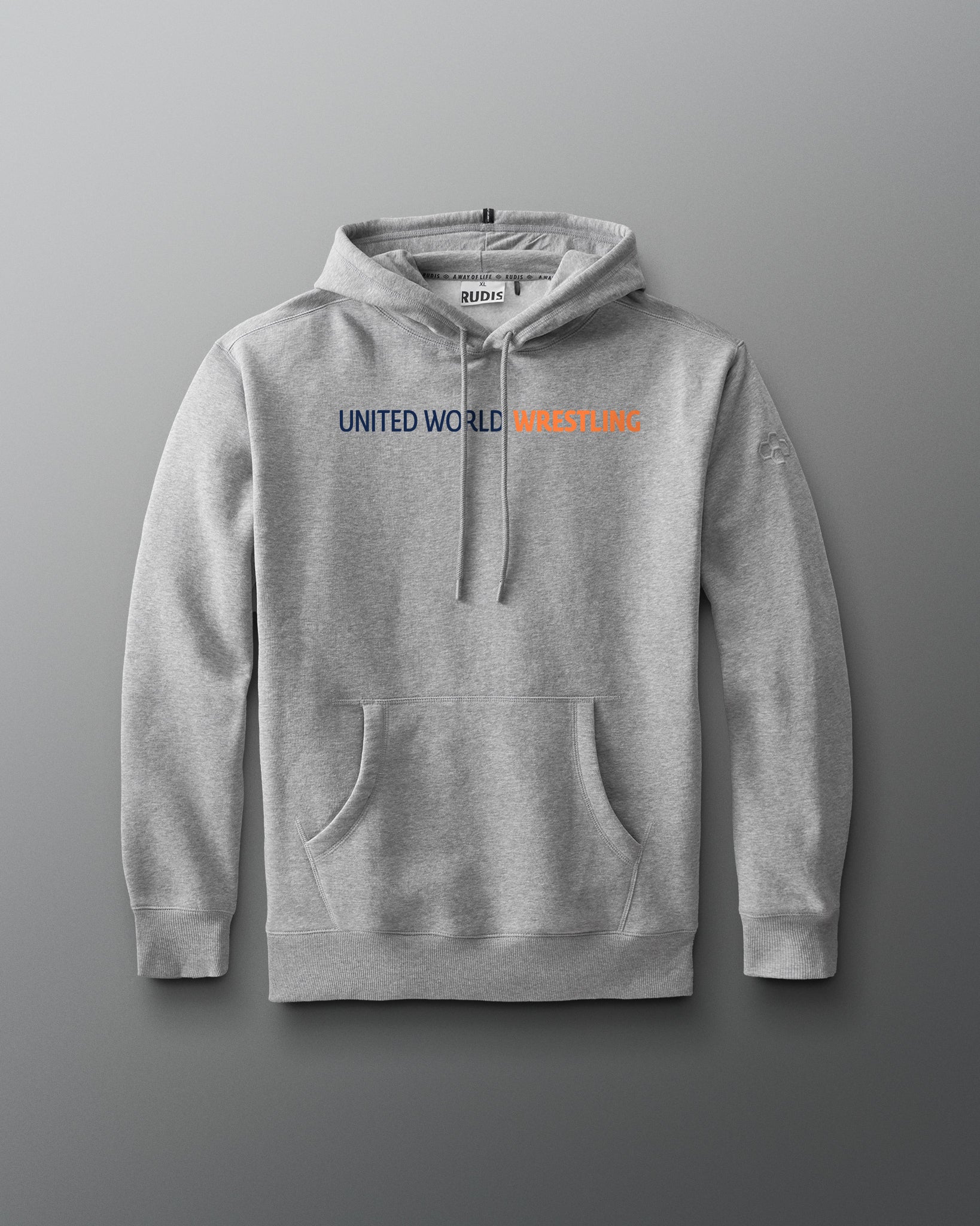 Gray hoodie with 'UNITED WORLD WORLDS' text on a gray background