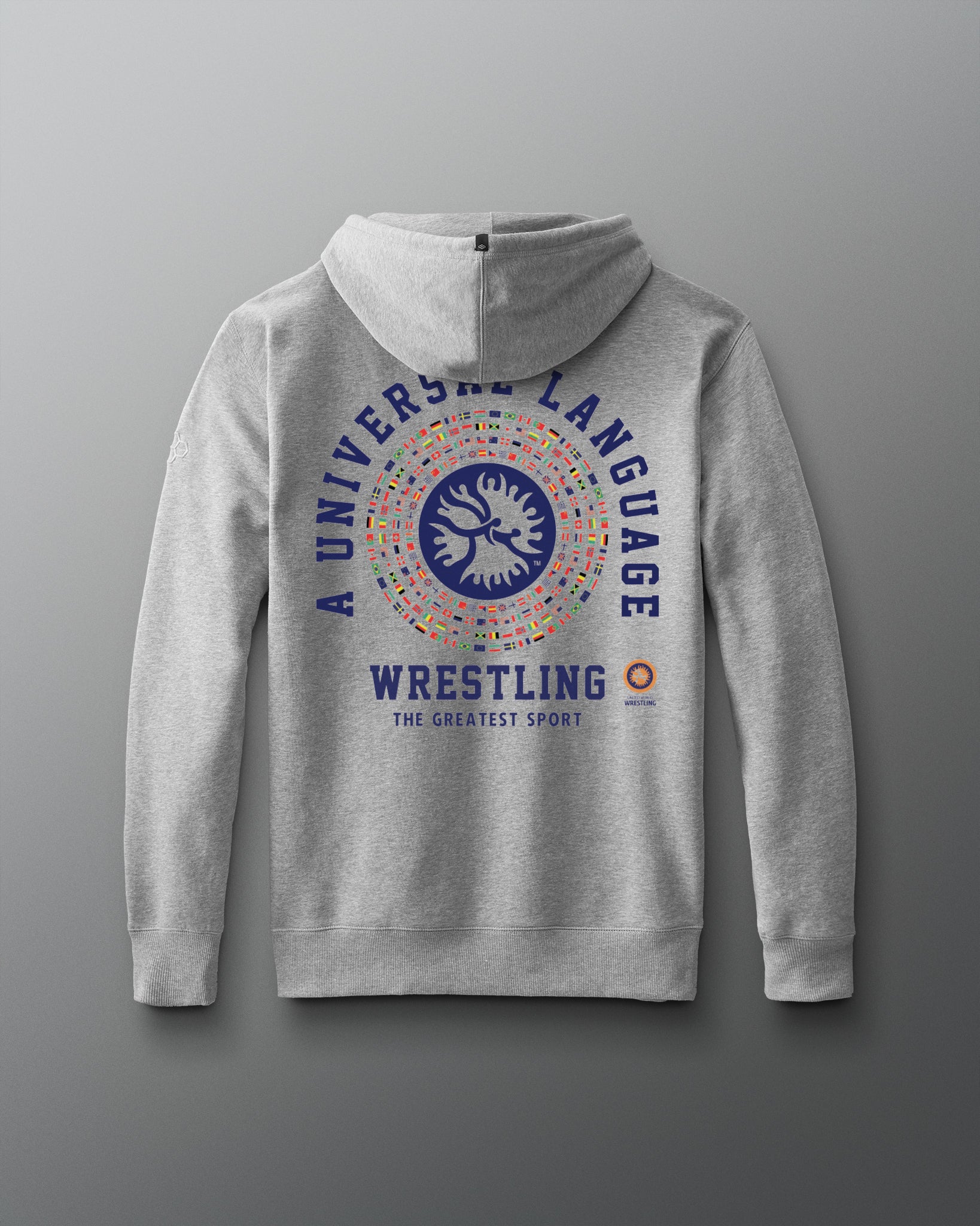Gray hoodie with colorful graphic and text on the back against a gray background