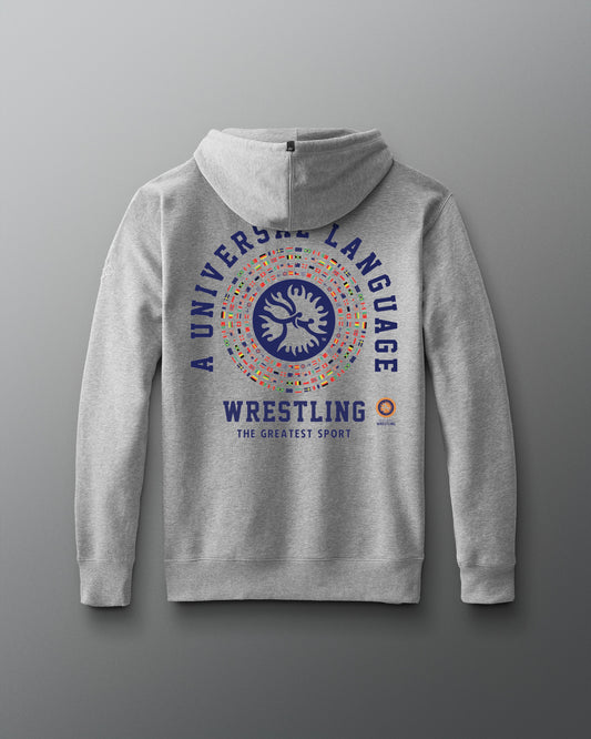 Gray hoodie with colorful graphic and text on the back against a gray background