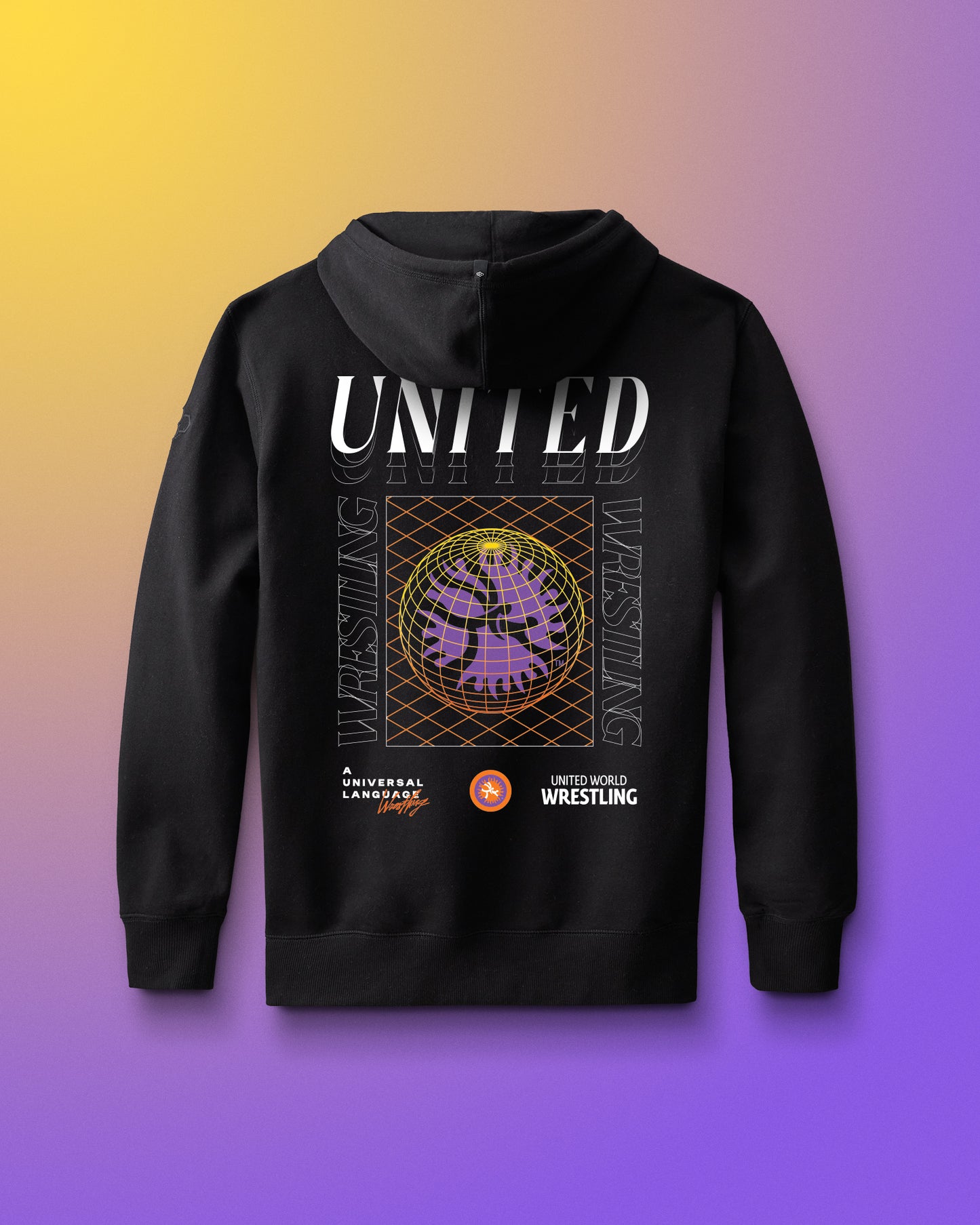 Black hoodie with graphic design on the back against a gradient background