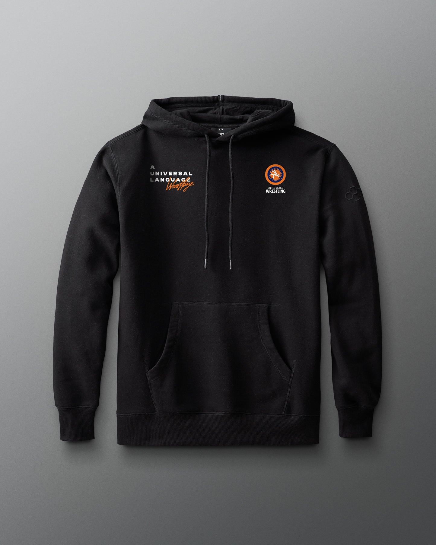 Black hoodie with logos on a gray background