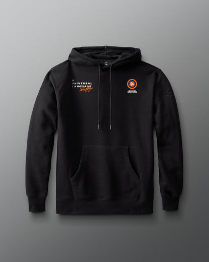 Black hoodie with logos on a gray background