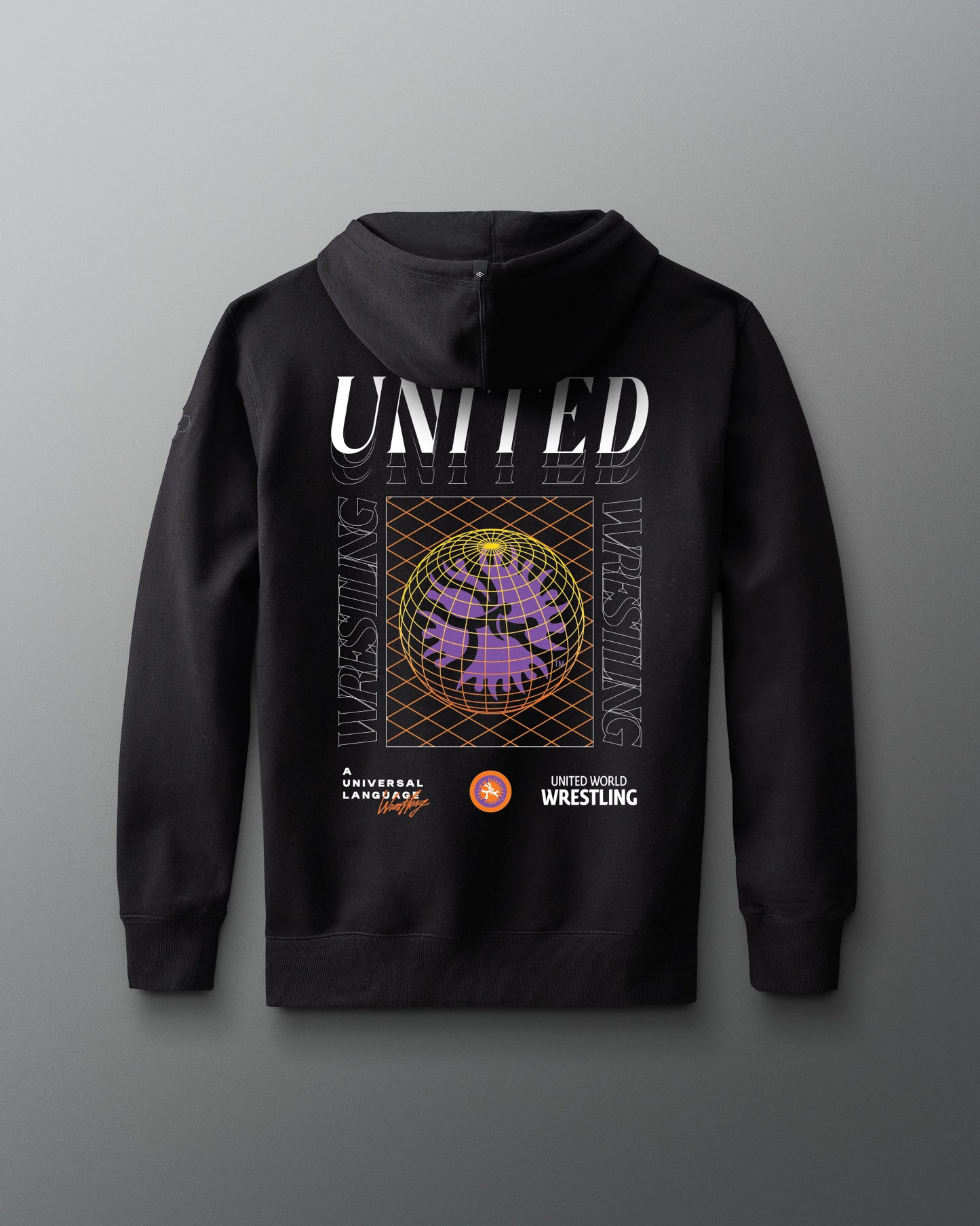 Black hoodie with 'United Wrestling' design on a gray background
