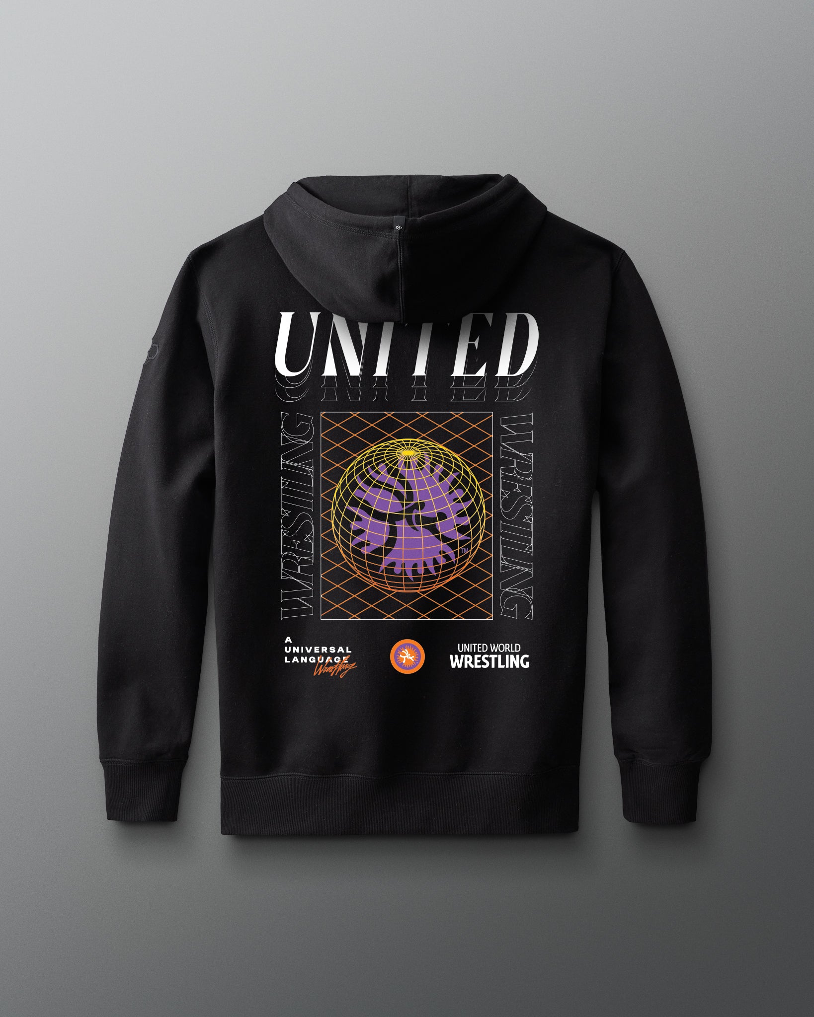 Black hoodie with 'United Wrestling' design on a gray background
