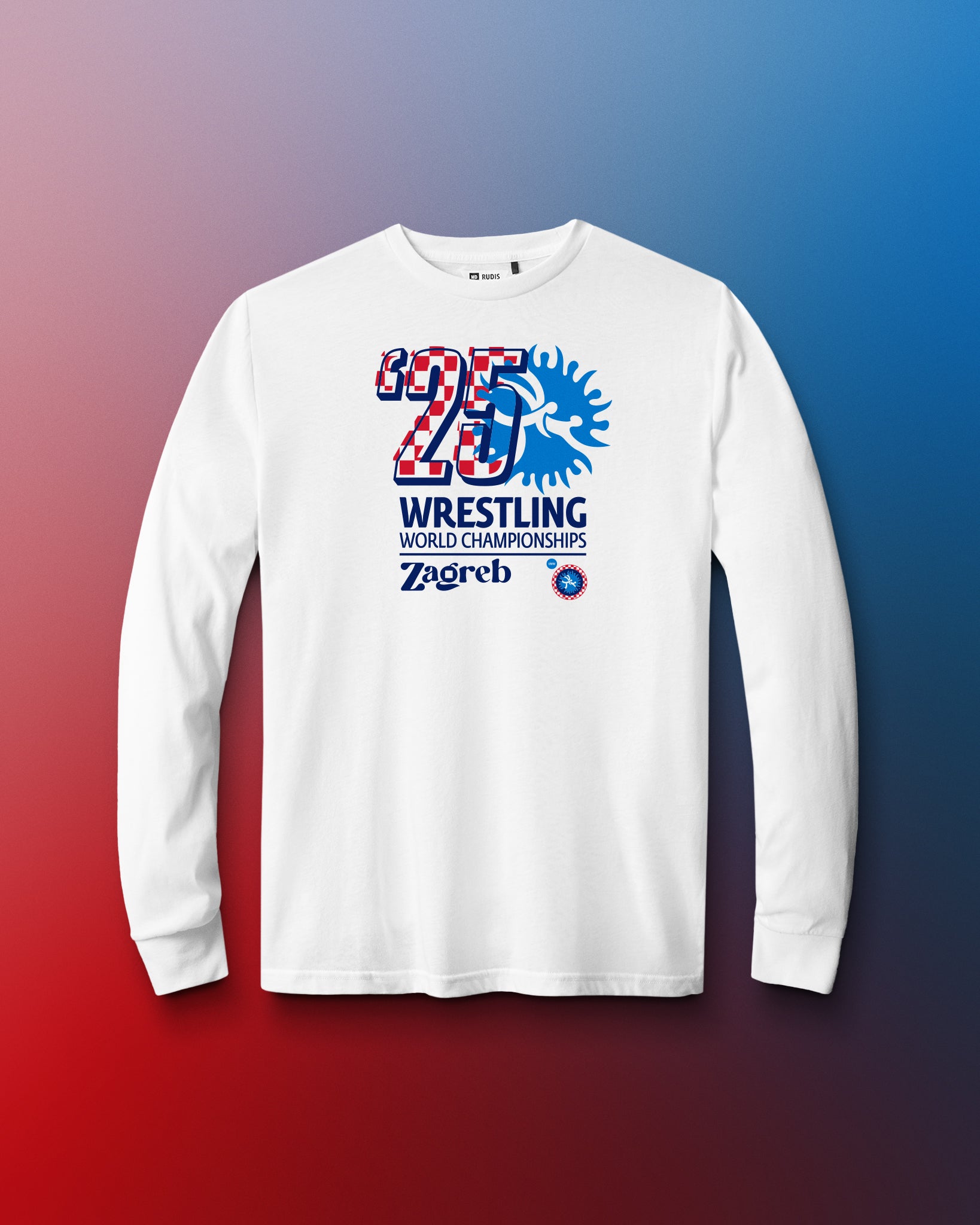 White long-sleeve shirt with wrestling world championship graphic on a gradient background. United World Wrestling. Zagreb
