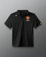 Black polo shirt with logos on a gray background