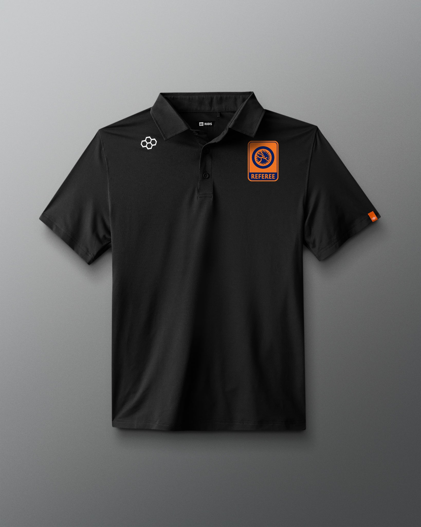 Black polo shirt with orange and blue logo on a gray background