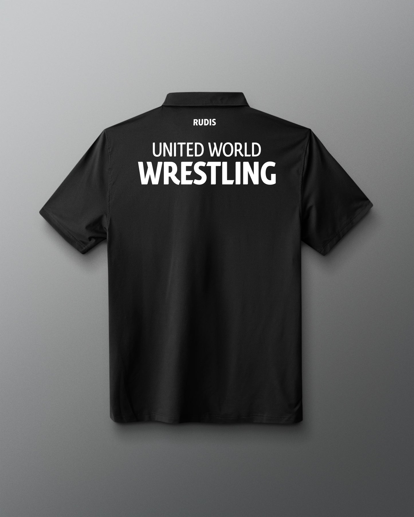 Black shirt with 'United World Wrestling' text on the back against a gray background