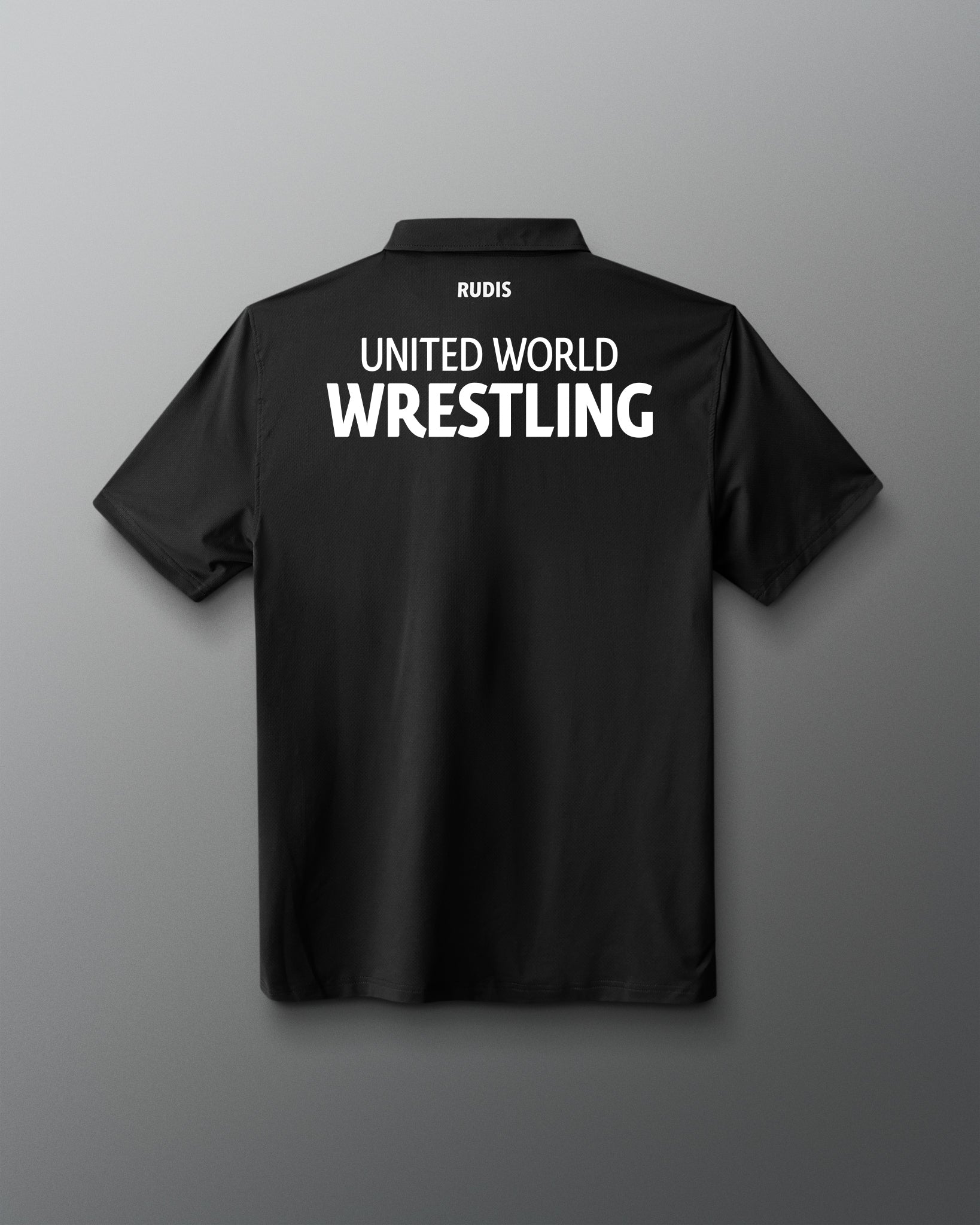 Black shirt with 'United World Wrestling' text on the back against a gray background