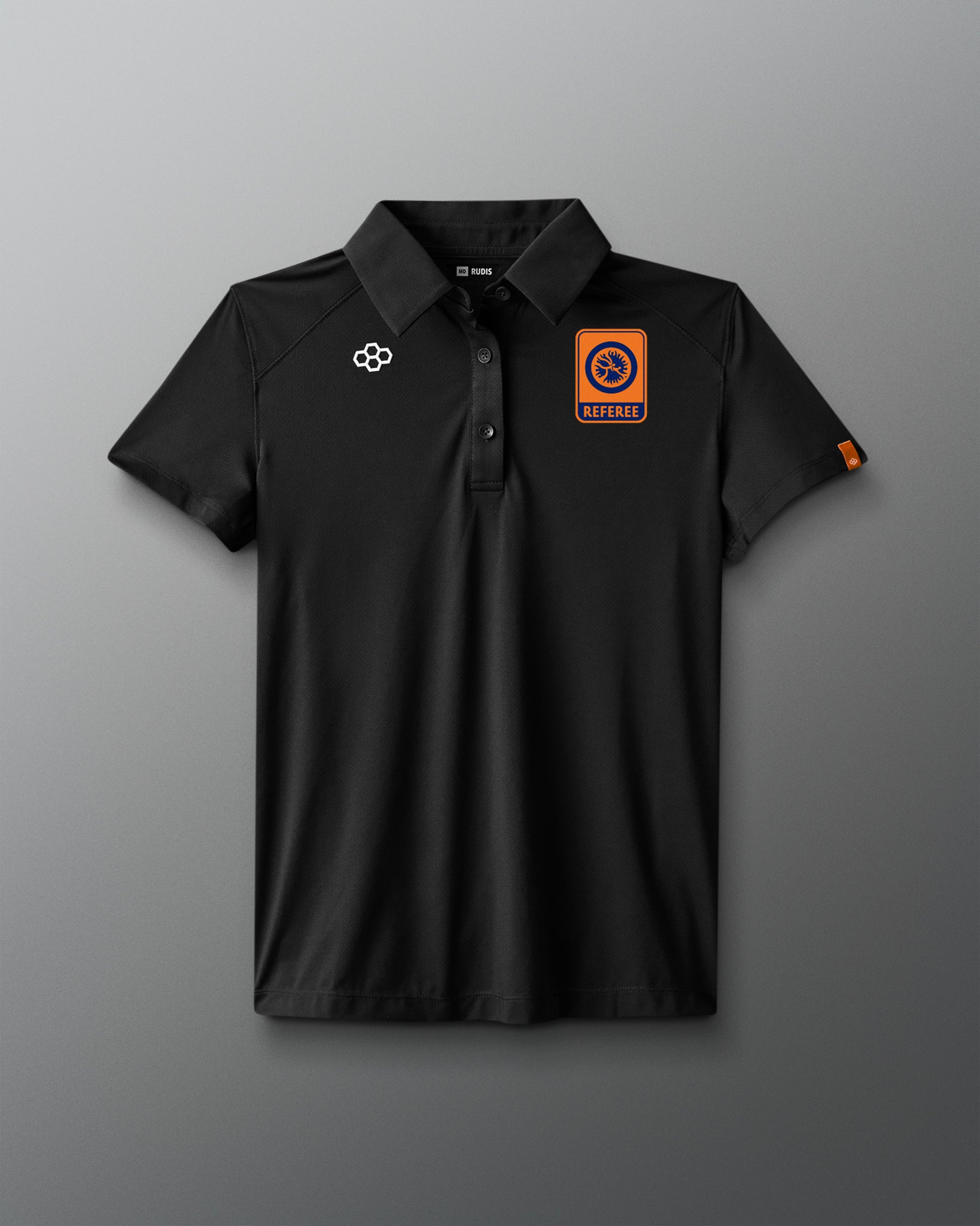 Black polo shirt with logos on a gray background