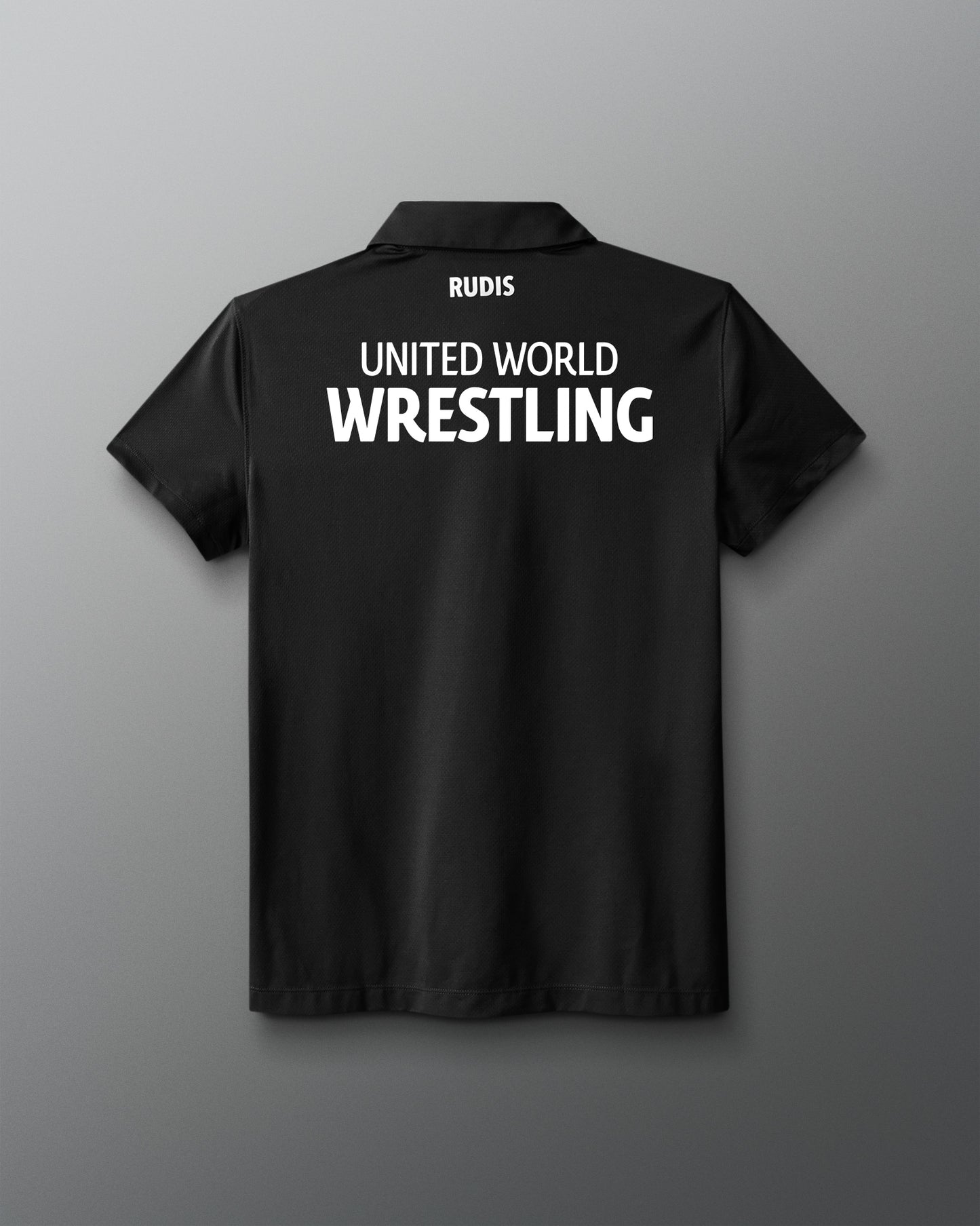 Black shirt with 'United World Wrestling' text on the back against a gray background