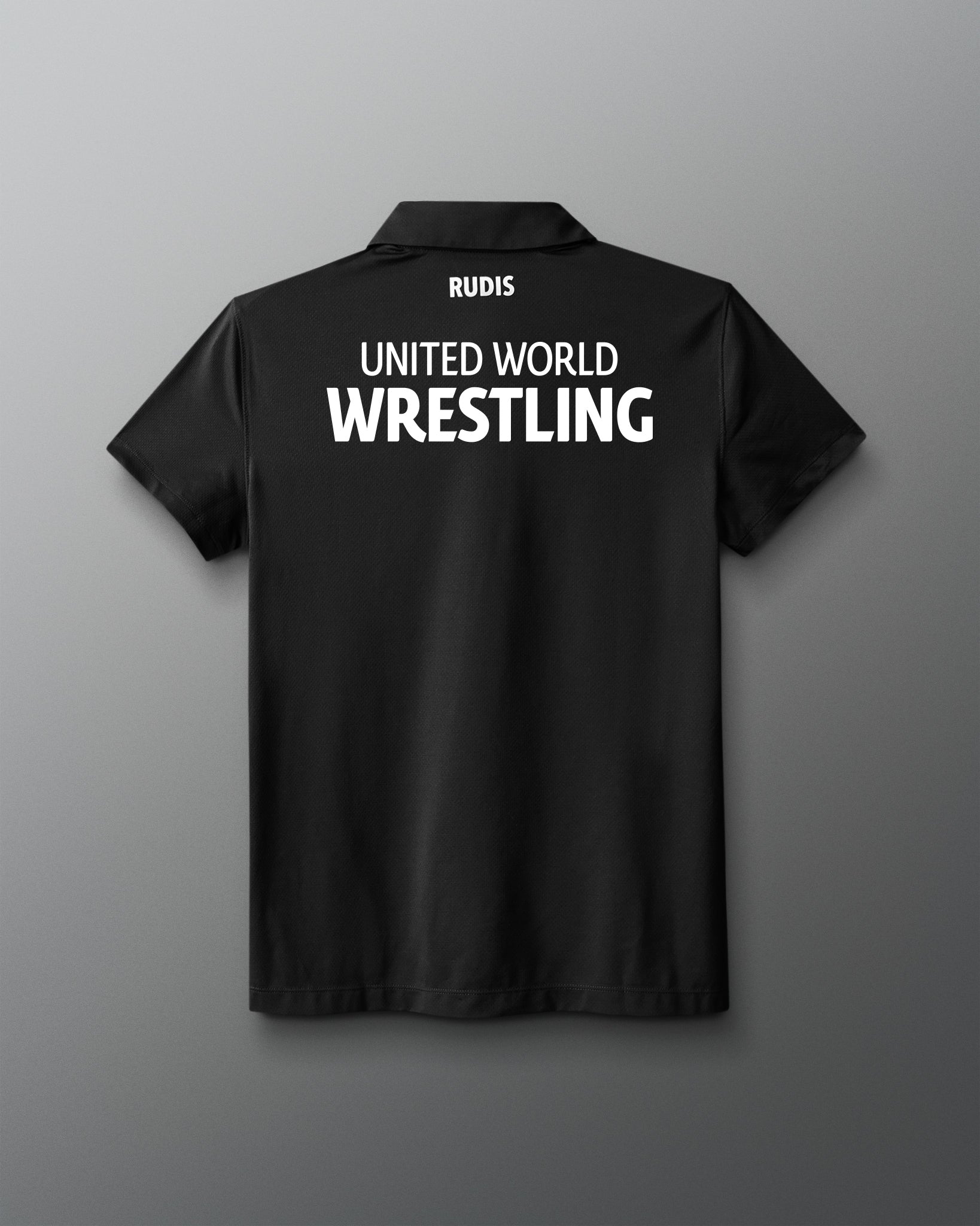 Black shirt with 'United World Wrestling' text on the back against a gray background
