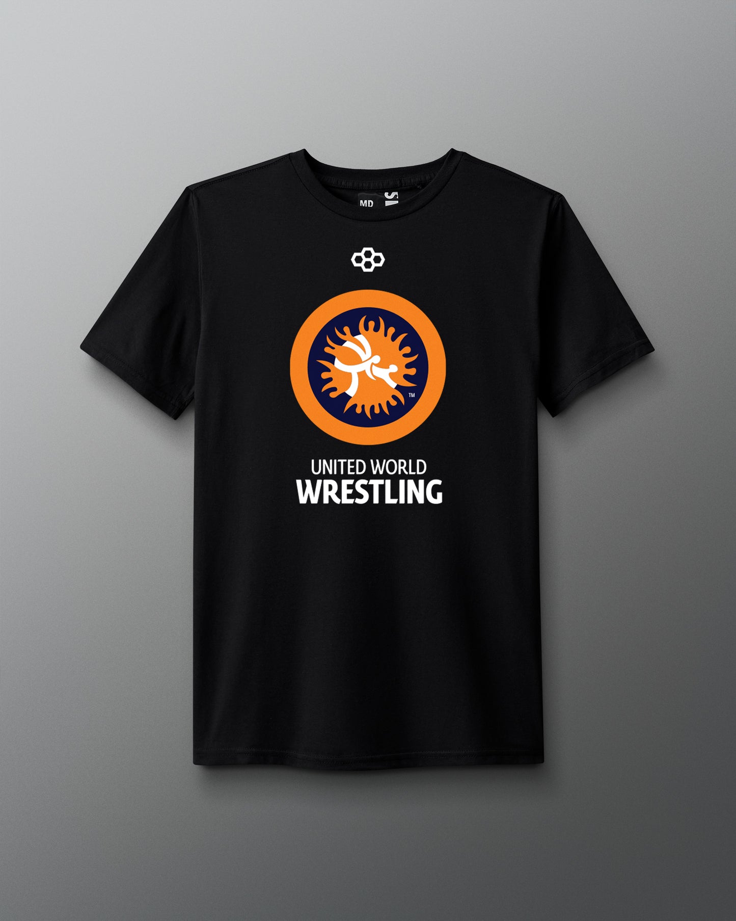 Black t-shirt with United World Wrestling logo on a gray background