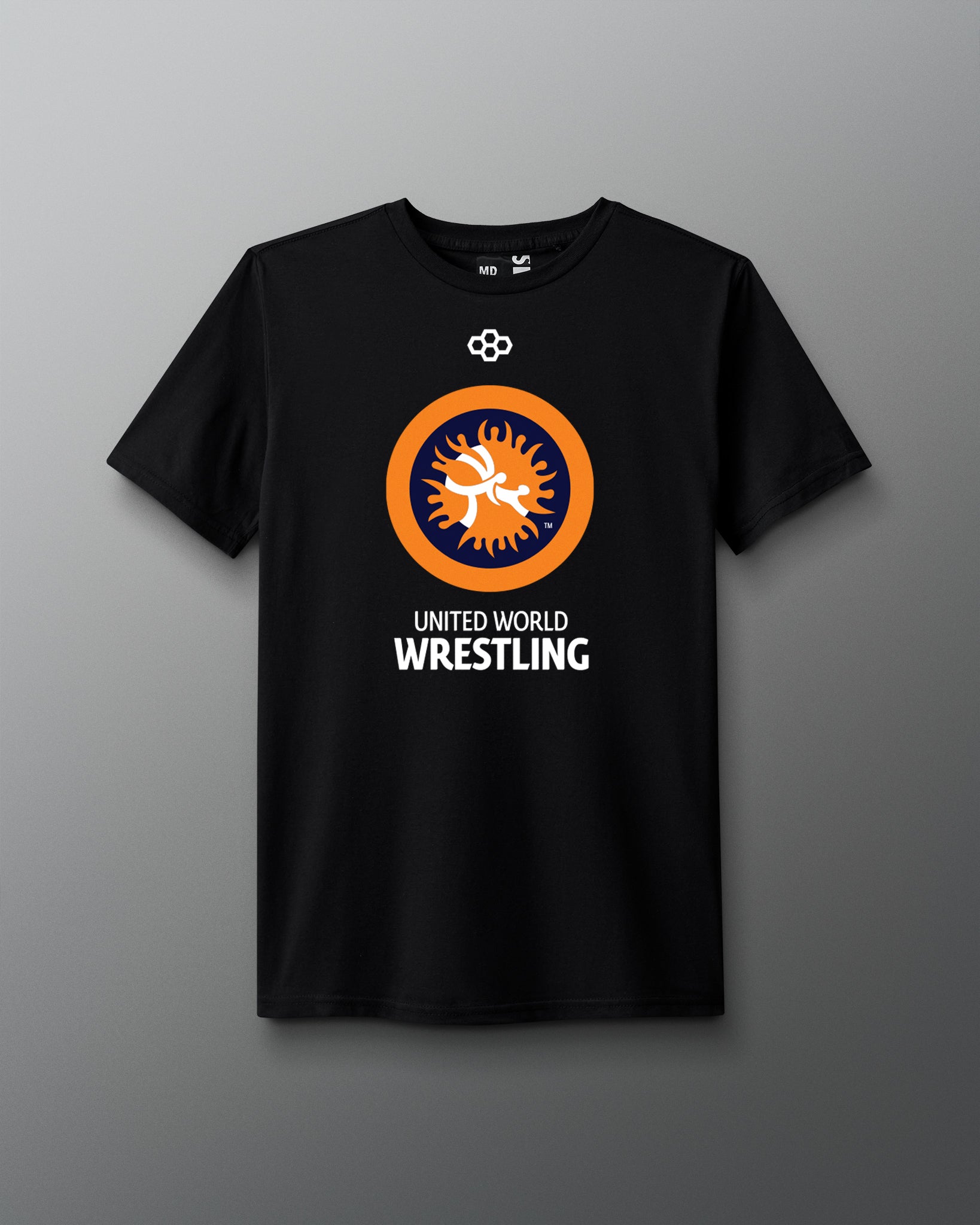 Black t-shirt with United World Wrestling logo on a gray background