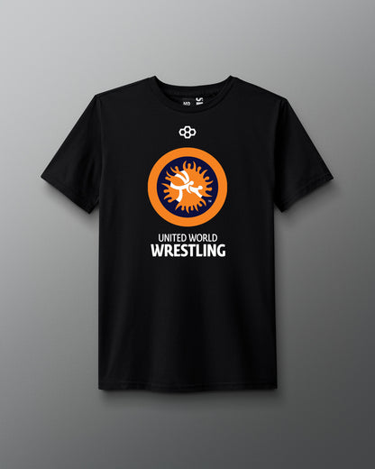 Black t-shirt with United World Wrestling logo on a gray background