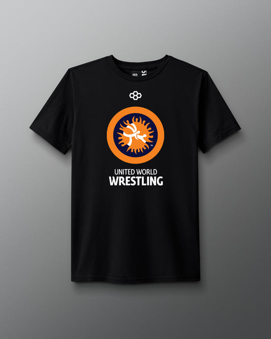 Black t-shirt with United World Wrestling logo on a gray background