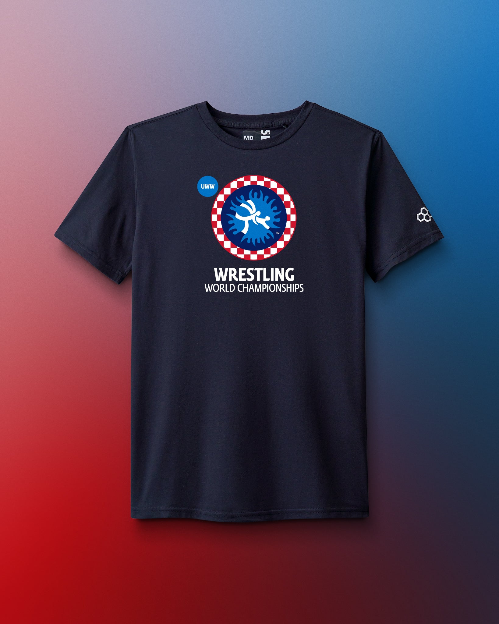 Black t-shirt with wrestling world championships graphic on a gradient background. United World Wrestling, Zagreb