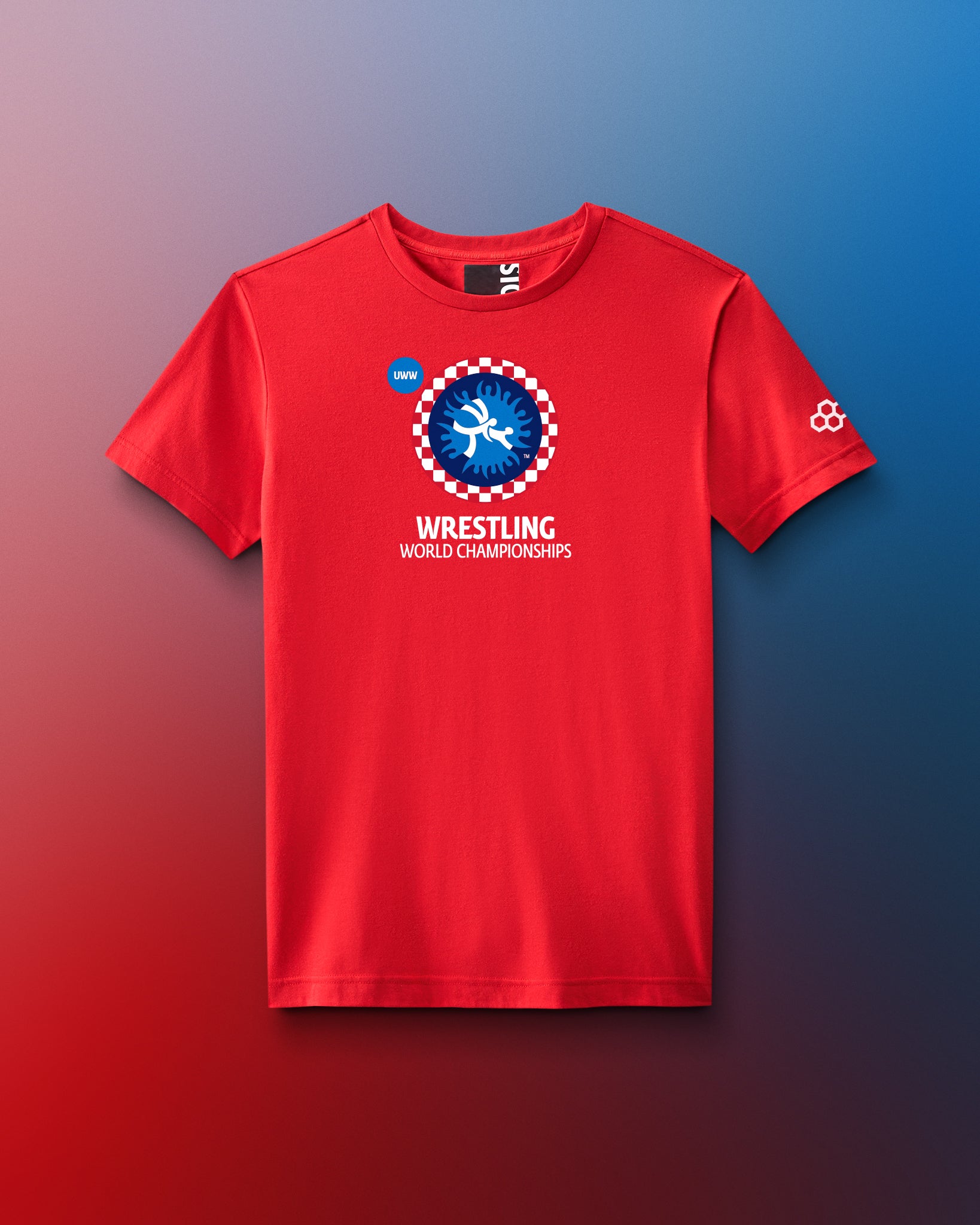 Red t-shirt with wrestling world championships logo on a gradient background. United World Wrestling, Zagreb