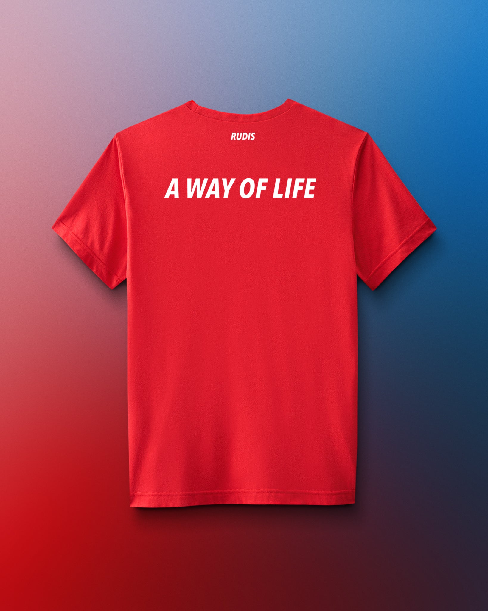 Red t-shirt with 'A Way of Life' text on a gradient background