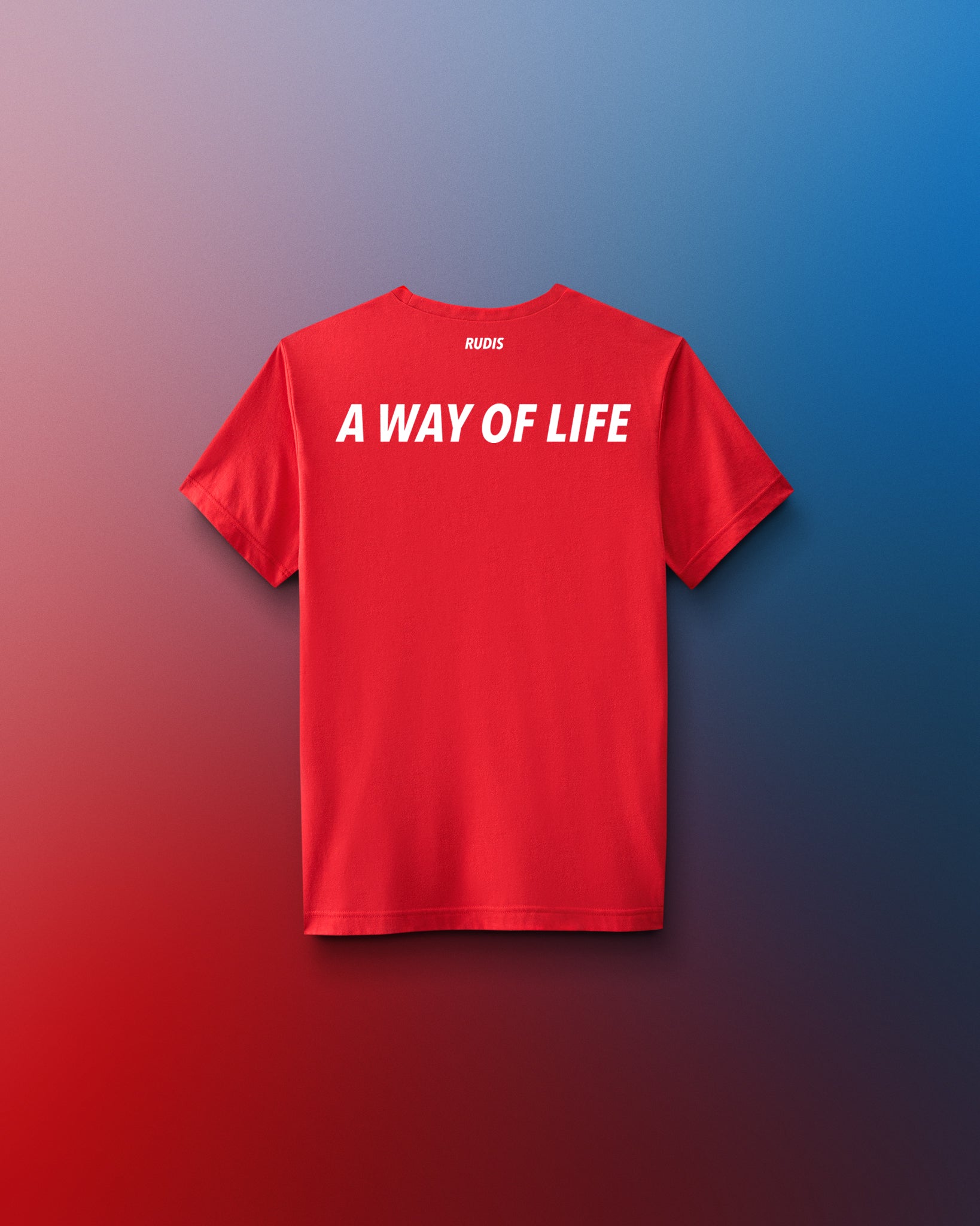 Red t-shirt with 'A Way of Life' text on a gradient background