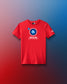 Red t-shirt with wrestling world championships logo on a gradient background. United World Wrestling, Zagreb