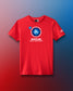 Red t-shirt with wrestling world championships logo on a gradient background. United World Wrestling, Zagreb