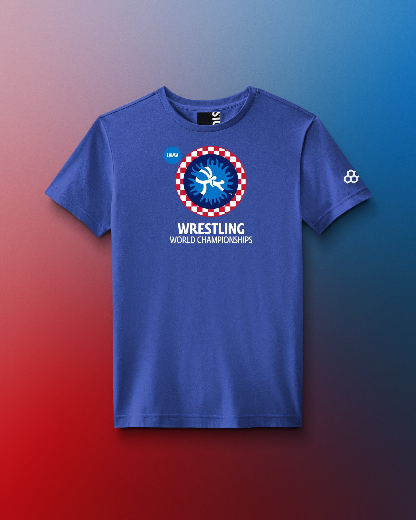 Blue t-shirt with wrestling world championships logo on a gradient background. United World Wrestling, Zagreb