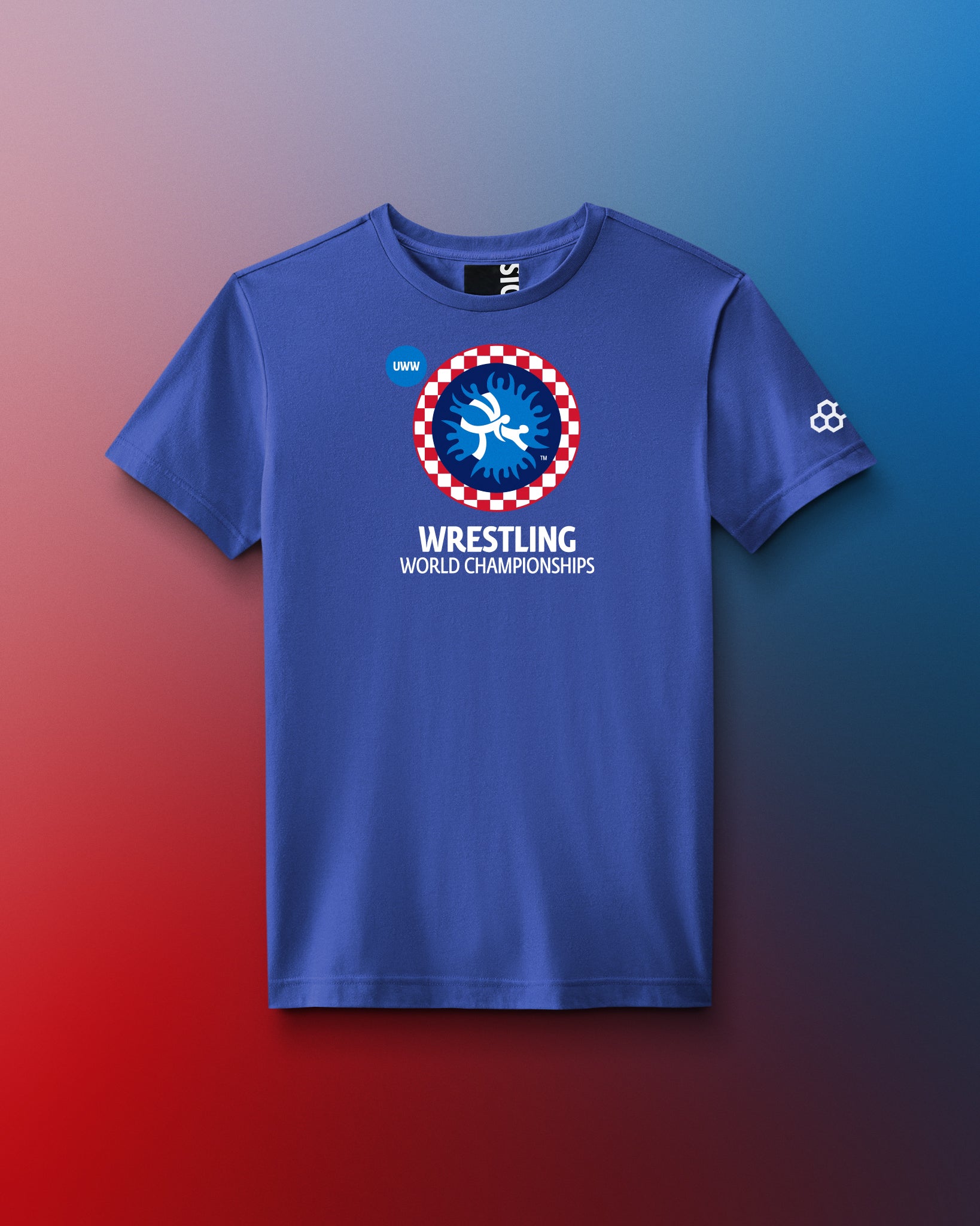 Blue t-shirt with wrestling world championships logo on a gradient background. United World Wrestling, Zagreb