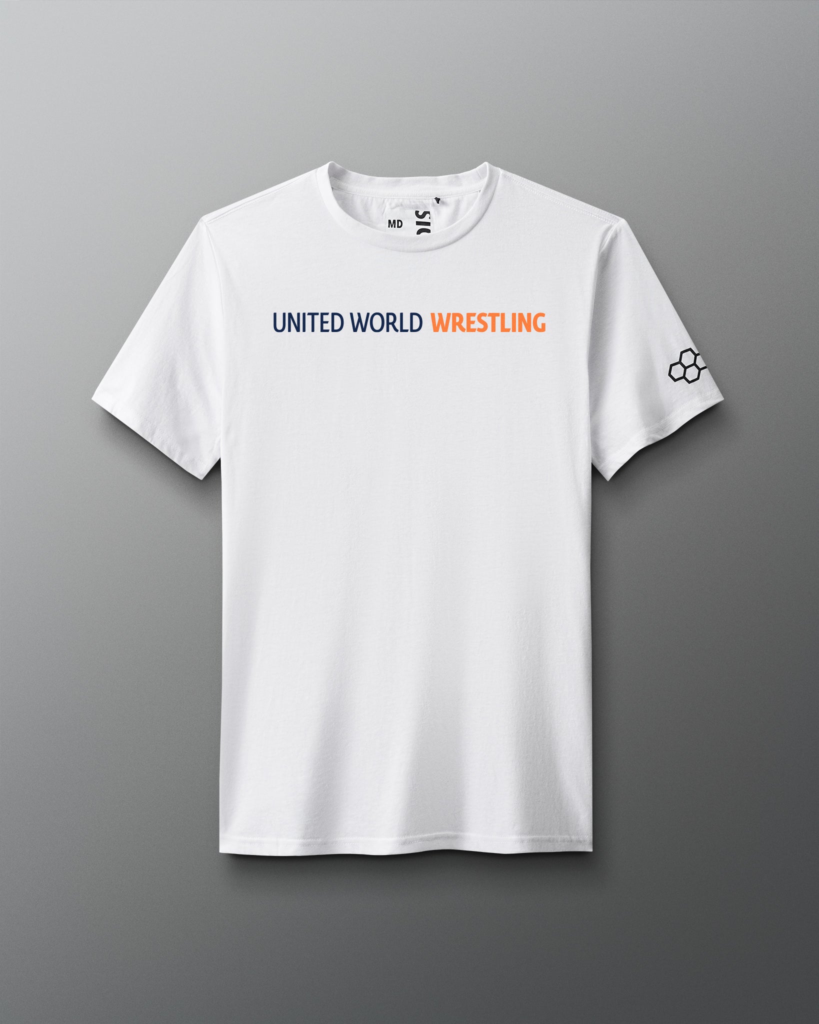 White t-shirt with 'United World Wrestling' text on a gray background