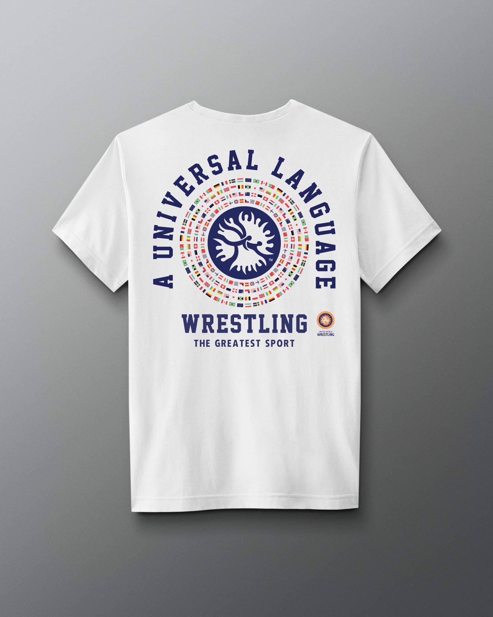 White t-shirt with colorful graphic and text on a gray background