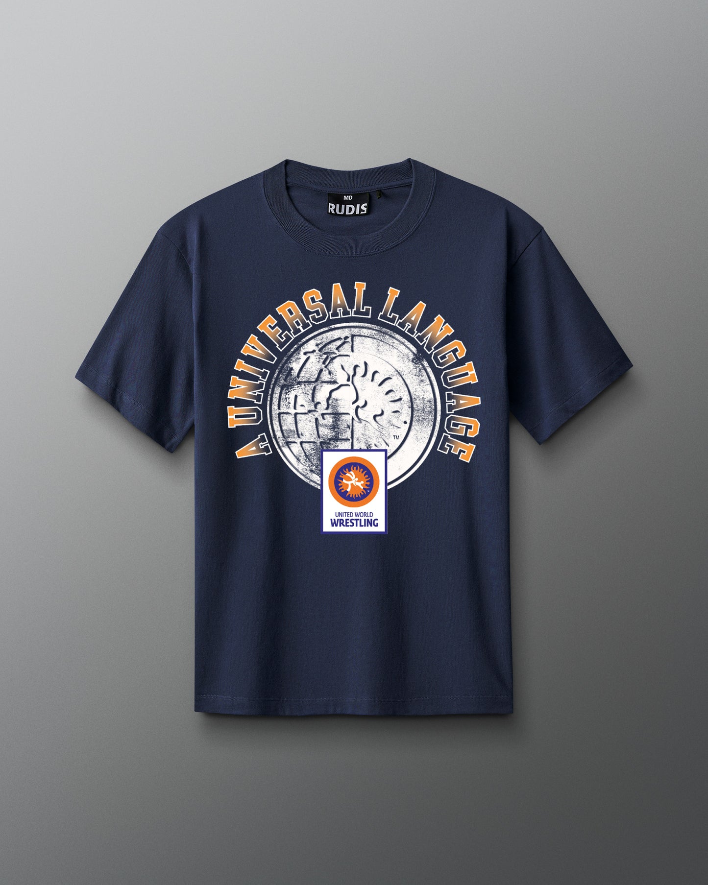 Navy blue t-shirt with graphic design on a gray background