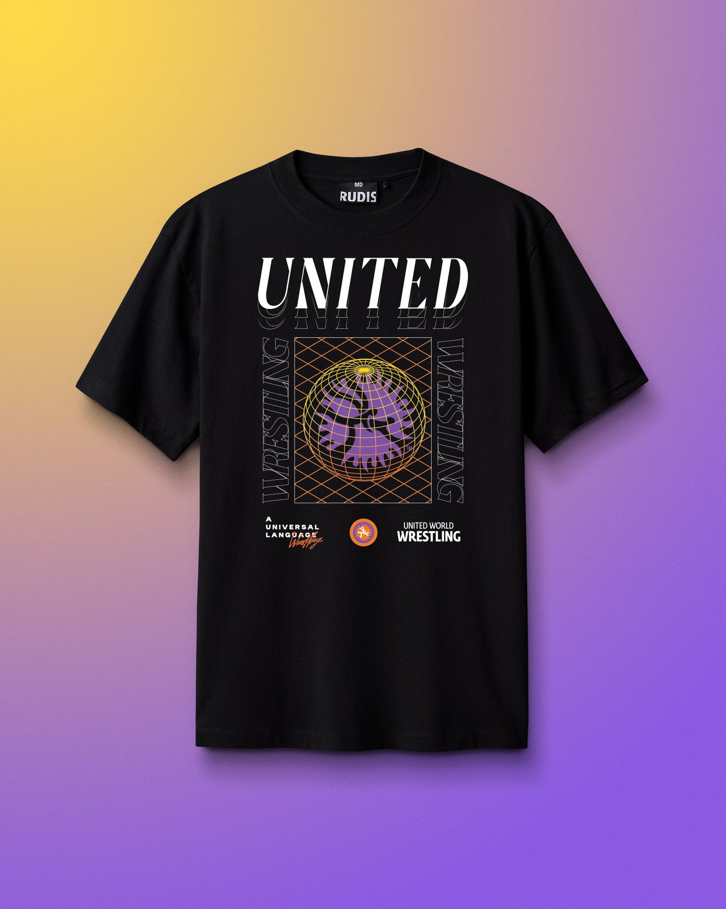 Black t-shirt with 'UNITED' graphic design on a gradient background