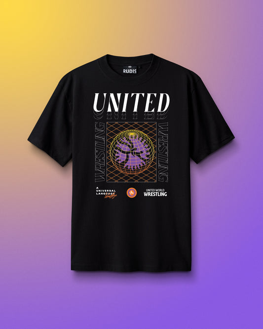 Black t-shirt with 'UNITED' graphic design on a gradient background