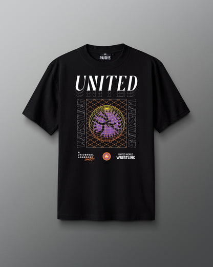 Black t-shirt with 'UNITED WRESTLING' graphic design on a gray background