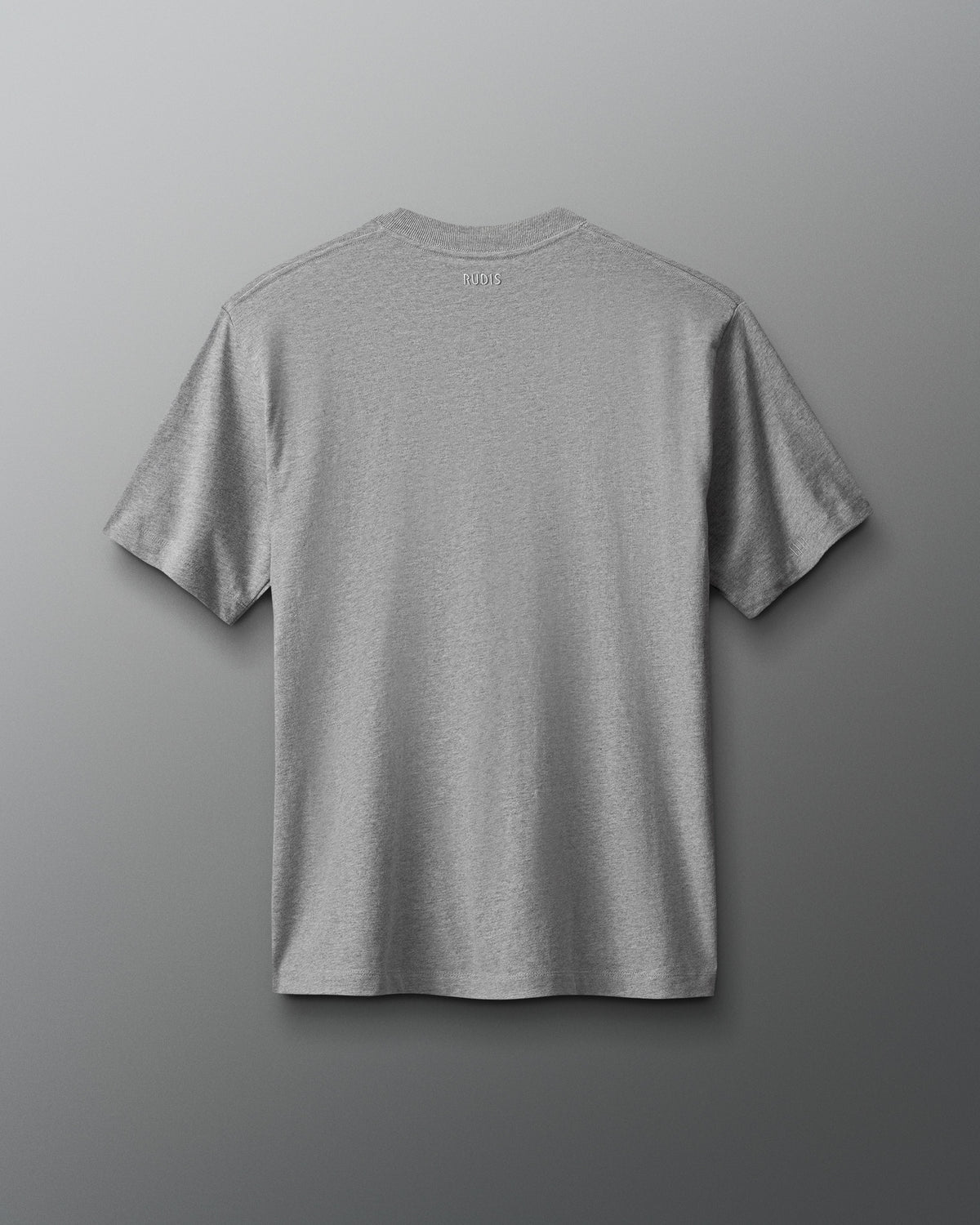 Back view of the heather gray RUDIS UWW Graffiti Heavyweight T-Shirt, featuring a clean, minimal design with subtle RUDIS branding centered below the back neckline.