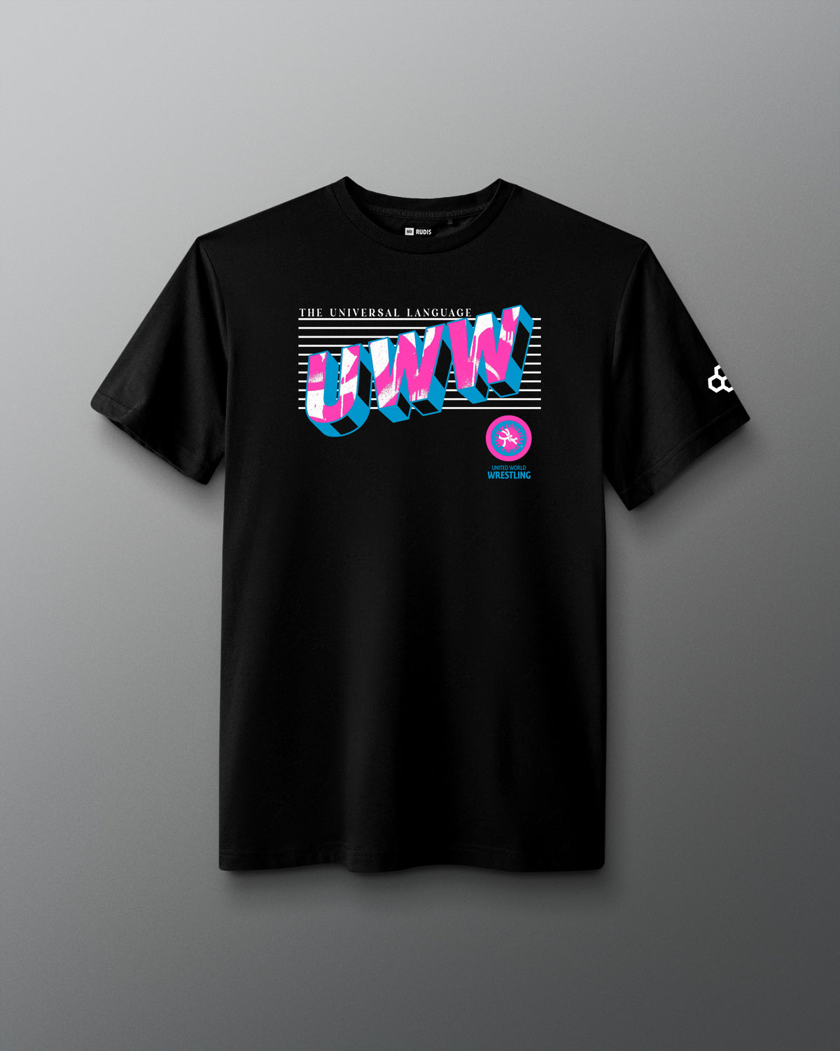 Black RUDIS UWW Graffiti Elite Supersoft T-Shirt shown from the front, featuring a bold dimensional “UWW” graphic in pink, cyan, and white with “The Universal Language” text and United World Wrestling branding. A contrasting white RUDIS mark finishes the sleeve.