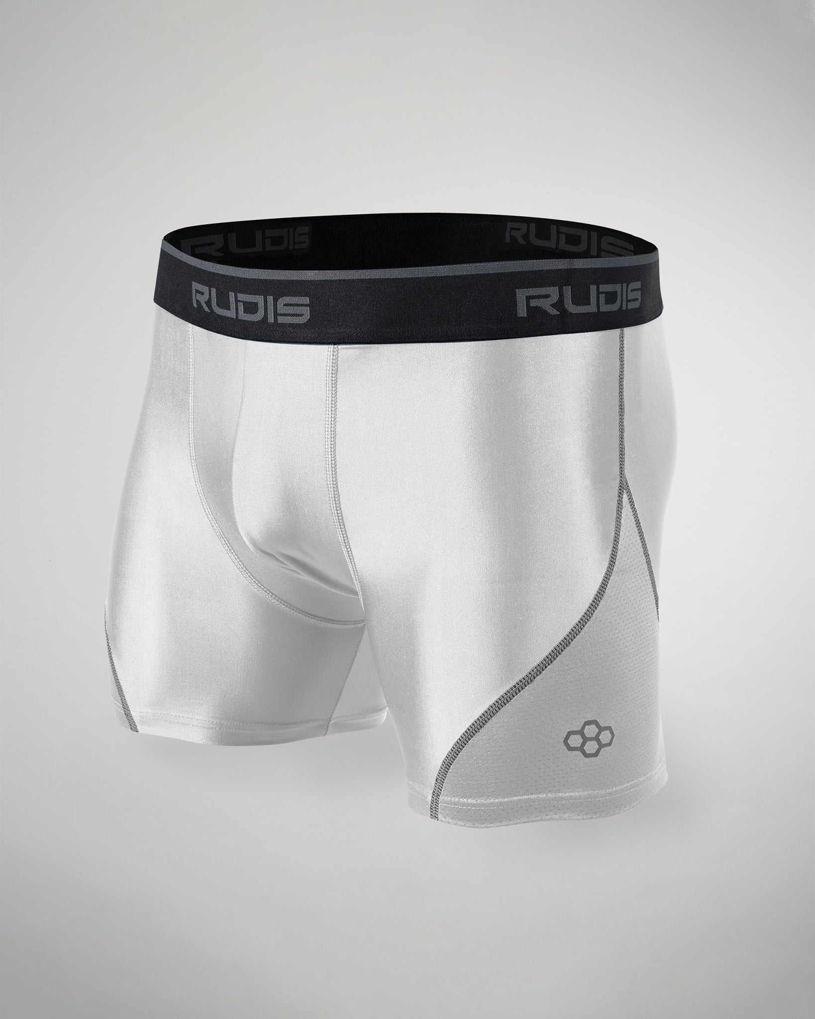 A pair of sleek white athletic shorts featuring a black waistband with RUDIS branding and a modern design with minimalistic gray stitching