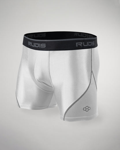 A pair of sleek white athletic shorts featuring a black waistband with RUDIS branding and a modern design with minimalistic gray stitching