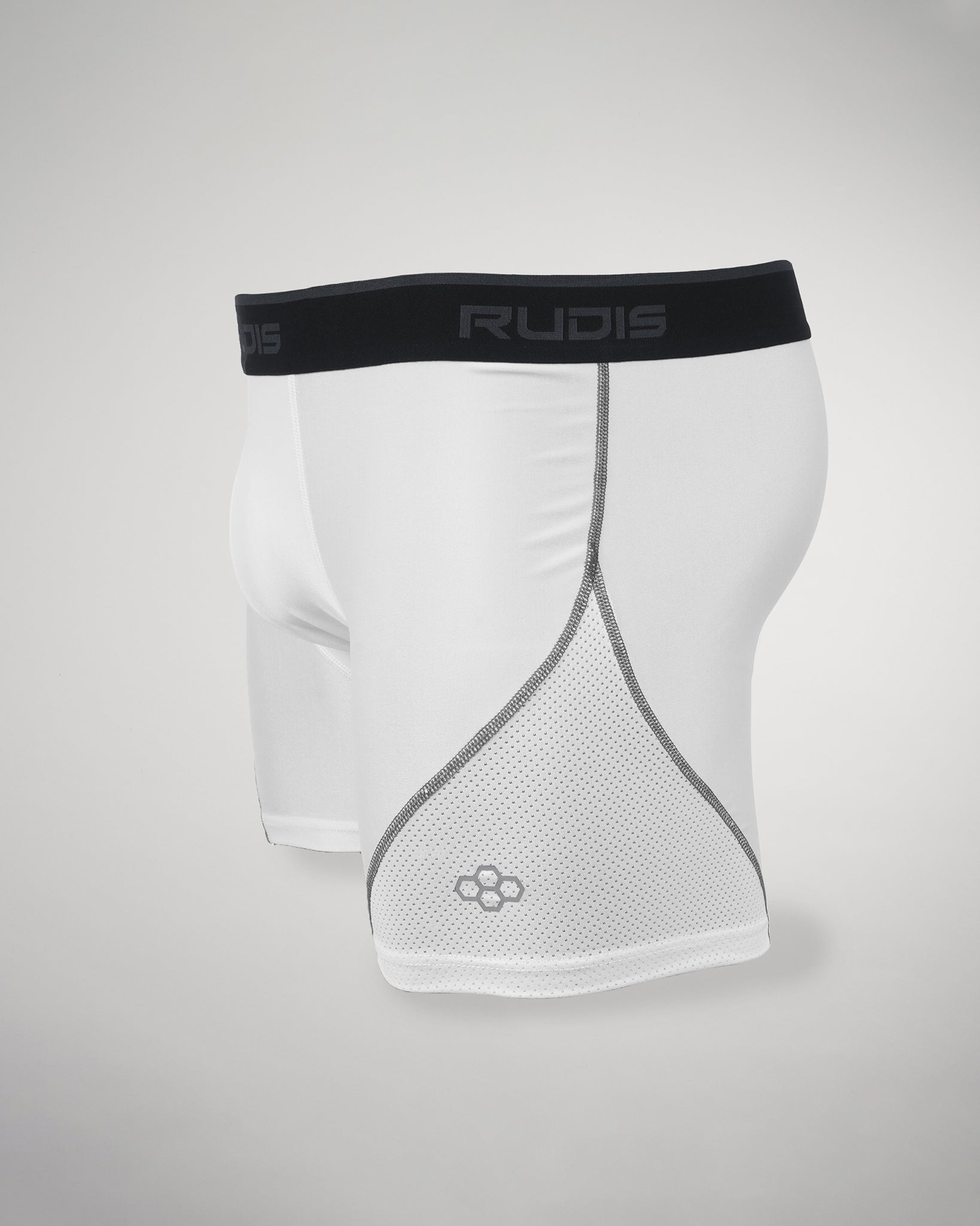 This image depicts a pair of white sports boxer briefs designed for comfort and performance featuring a RUDIS logo and mesh panels for breathability