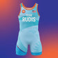 A vibrant aqua wrestling singlet displaying TEAM RUDIS prominently featuring Olympic branding and an American flag