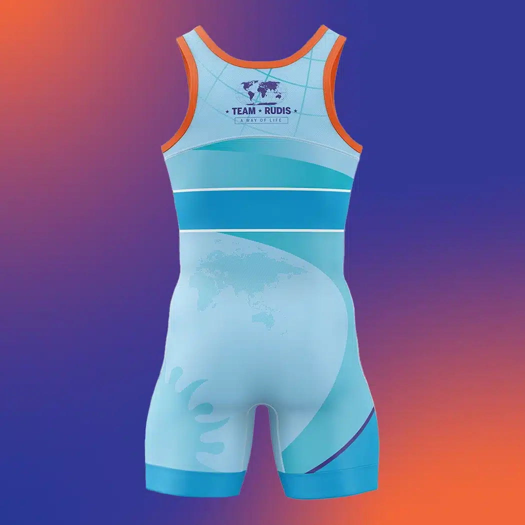 An athletic singlet designed for wrestling featuring a gradient blue color scheme a world map graphic on the back and vibrant orange accents