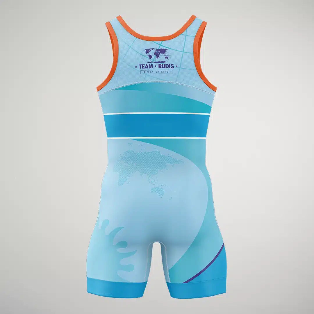 A light blue wrestling singlet featuring a stylish design with orange trim and graphical elements representing Team Rudis
